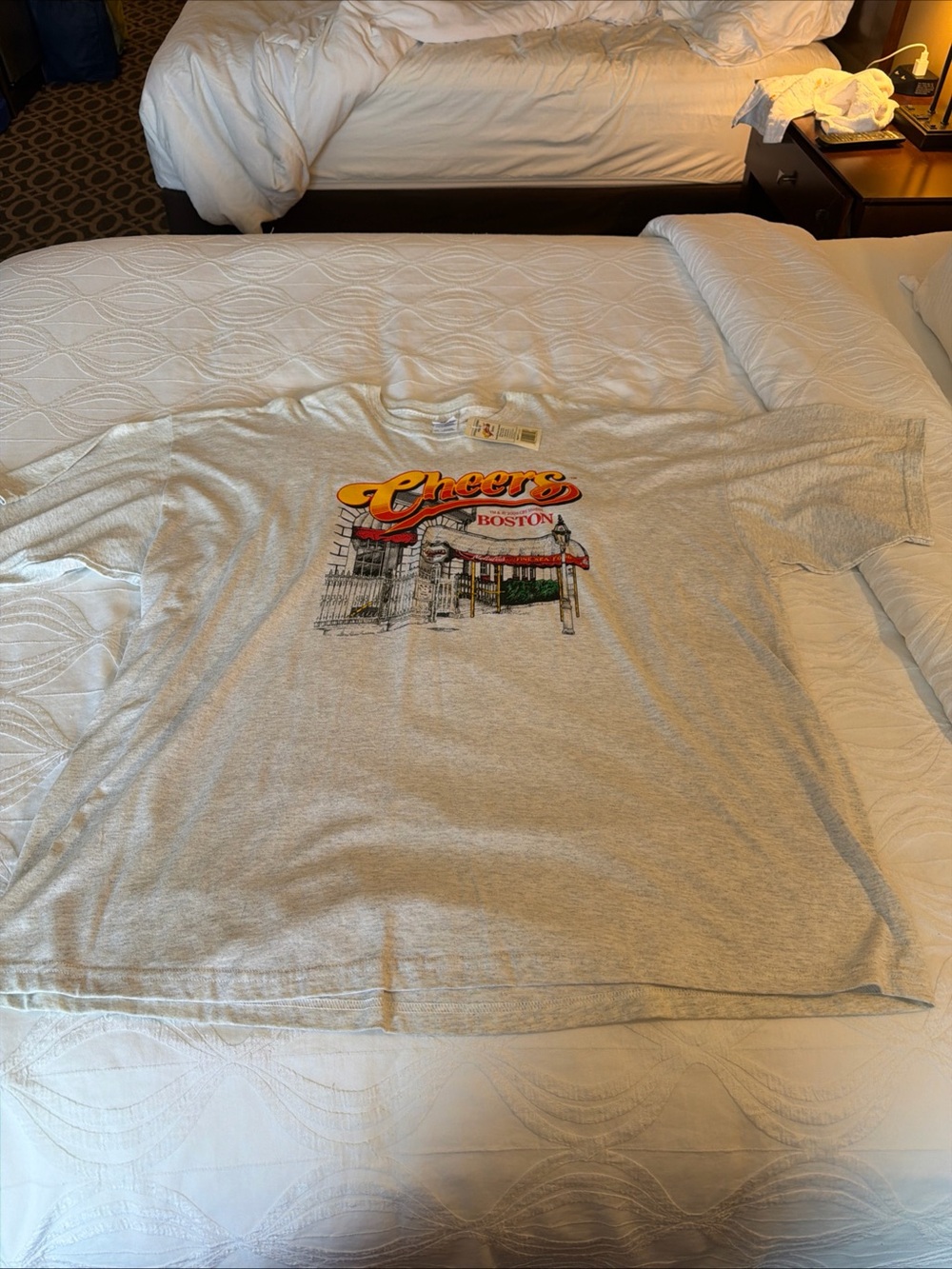Gildan Light Gray Cheers Boston Graphic T-Shirt with Red and Yellow Logo
